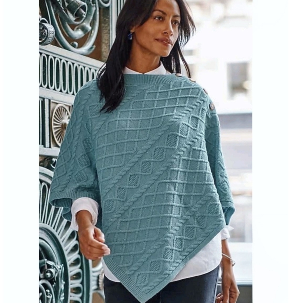 J.Jill Women's Cozy Cable-Knit Asymmetric Poncho Blue Spruce Sweater Cape S-L